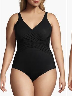 Lands' End Women's SlenderSuit Wrap One Piece Swimsuit Size 14 Tummy Control NWT